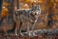 Depicting a  gray wolf standing on the ground in front of a forest Royalty Free Stock Photo