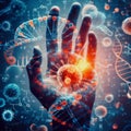 Hand of Researcher biochemical holding Virus with DNA human and formulas chemist around. Generative Ai