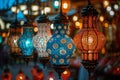 Depicting a large array of colorfully lit lamps, high quality, high resolution