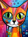 depiction of a cat in vibrant, lively colors. The illustration captures the whimsical and playful