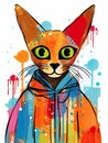 depiction of a cat in vibrant, lively colors. The illustration captures the whimsical and playful