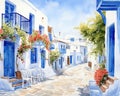 depiction of a Greek street in the summer.