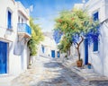 depiction of a Greek street in the summer.