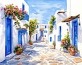 depiction of a Greek street in the summer.