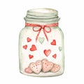 Depiction of a jar with heart illustrations and a dotted red ribbon, rendered in watercolor, ideal for Valentine's Royalty Free Stock Photo