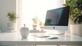 depiction of a modern minimalist home office setup, very sharp, photorealistic Royalty Free Stock Photo