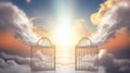 A depiction of the pearly gates of heaven opening with the bright side of heaven contrasting with the duller foreground