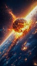 Depiction of a planet being struck by a massive asteroid or comet, causing a fiery explosion in space Royalty Free Stock Photo