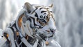 depiction of robotic entity adorned with head albino tiger,white background,blending attributes of artificial intelligence with