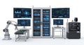 Automated Manufacturing System with Robotic Arm and Server Racks Displaying Data Analytics and Process Monitoring on Royalty Free Stock Photo