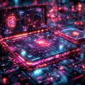 Futuristic Circuit Board Landscape with Glowing Components and Abstract Data Streams in Neon Pink and Electric Blue Royalty Free Stock Photo