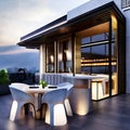 Depicts a luxurious and modern rooftop restaurant.