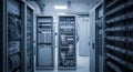 Data Center Server Room with Rows of Rack Mounted Servers and Network Cables: Essential Infrastructure, High Tech Royalty Free Stock Photo