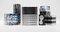 Data Center Servers and Storage Equipment: Silver and Black Server Racks, Cloud Computing Hardware on White Background Royalty Free Stock Photo