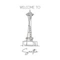 Depok, Indonesia - August 6, 2019: Single continuous line drawing Space Needle landmark. Beauty place in Seattle, Washington DC,