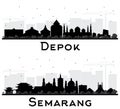 Depok and Semarang Indonesia City Skyline Silhouette with Black Buildings Isolated on White