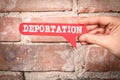 Deportation. Red speech bubble with text on a red brick background