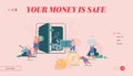 Deposit Box Concept Website Landing Page. Woman and Man with Moneybox, Safe Deposit, Banking, Cash Bag, Money