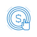 Depositing money business account vector line icon. Finger presses button with symbol of banknote.