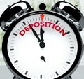 Deposition soon, almost there, in short time - a clock symbolizes a reminder that Deposition is near, will happen and finish