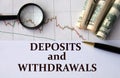 DEPOSITS and WITHDRAWALS - words on a white sheet against the background of a chart, magnifying glass and banknotes
