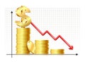 Depreciation of Dollar. Inflation. Economic recession icon. Dollar sign with chart, down arrow and coins