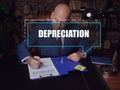 DEPRECIATION phrase on the screen. Budget analyst analyzing market research results. An accounting method of allocating the cost Royalty Free Stock Photo