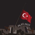 Natural disaster in Kahramanmaras, Turkiye on 06 February 2023. Ruined building and lowered Turkish flag due to mourning.
