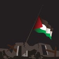 Illustration catastrophic devastating war in Palestine. Gaza Strip 2023 Israel war. Waving Palestine flag lowered.