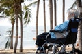 Depressed asian senior grandmother in a wheelchair thinking alone on sea shore sad old elderly patient looking at sea feel