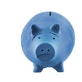 Depressed, blue money box aka piggy bank, isolated on white. Poverty concept.