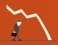 Depressed businessman with downtrend arrow. Flat vector. Concept of finance loss, bear market or bankruptcy