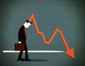 Depressed businessman with downtrend arrow. Flat vector. Concept of finance loss, bear market or bankruptcy