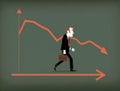 Depressed businessman with downtrend arrow. Flat vector. Concept of finance loss, bear market or bankruptcy