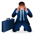 Depressed businessman kneeling down and squeezing his head because of the headache