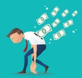 Depressed businessman with money bills. business concept vector illustration