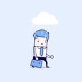 Depressed businessman walking in the rain. Cartoon character thin line style vector.