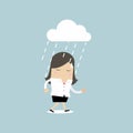 Depressed businesswoman walking in the rain.