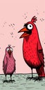 Depressed Cardinal Mother And Chick: Quirky Cartoonish Illustrations