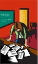 Depressed Female School Teacher Classroom Woodcut