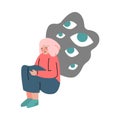 Depressed Frustrated Girl Sitting under Rainy Storm Cloud with Eyes, Mental Disorder, Illness Concept Cartoon Vector