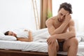 Depressed Guy Having Problems With Erection In Bed Indoors Royalty Free Stock Photo