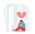 Depressed Heartbroken Woman Sit on Floor with Pieces of Red Broken Heart and Crying. End of Love and Loving Relations Royalty Free Stock Photo