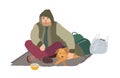 Depressed homeless guy dressed in dirty clothes sitting on carton mat on street, embracing sleeping dog and begging for Royalty Free Stock Photo