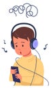 Depressed kid listen music. Boy chaotic mind. Gadget addiction Royalty Free Stock Photo