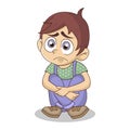 Depressed lonely cartoon boy sitting alone on the floor. Sad or bored child. Vector illustration, isolated white background