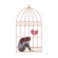 depressed lonely girl with broken heart sitting in a cage