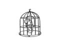 Depressed man locked up in bird cage. Concept of unfulfill life.