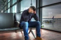 Depressed man waiting for the delayed plane Royalty Free Stock Photo