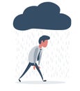 Depressed man walking with a cloud of rain over his head